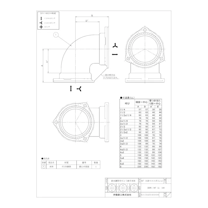 伊藤鉄工 I-90LL-H 200A IML・NY-II・IML-G 90LL 90°大曲エルボ (共用本体) 200A 配管部材 排水鋼管用可とう継手(本体) 00000136544【別送品】