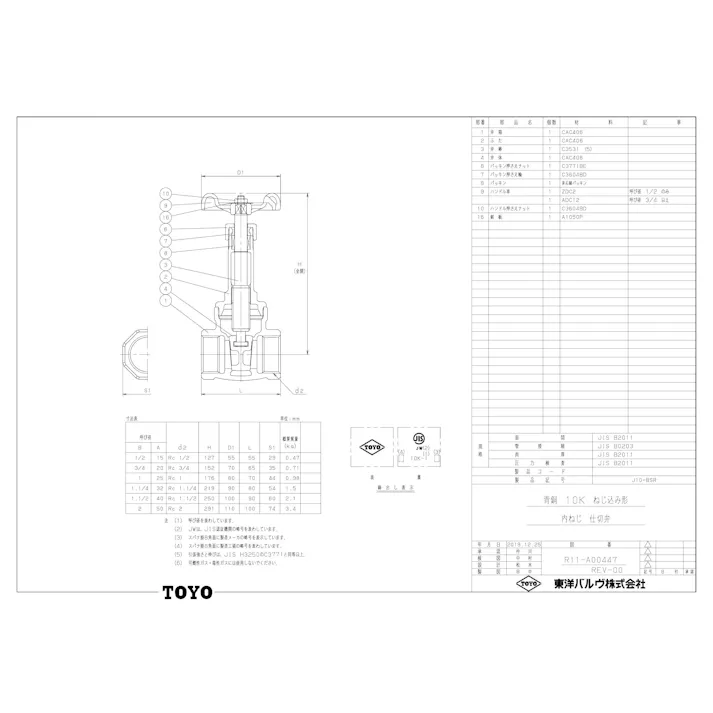東洋バルヴ J10BSR 20A J10BSR 青銅ゲート弁 20A 配管部材 青銅 JIS 00000172835【別送品】