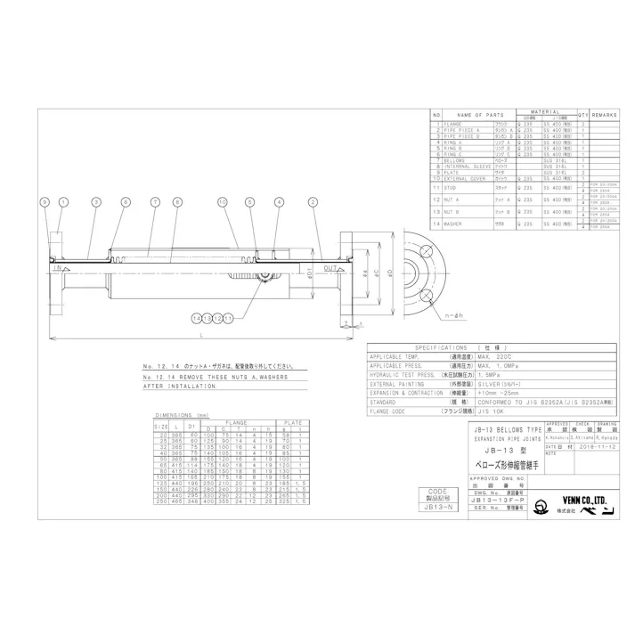 ベン JB13-N 100A JB13-N 単式ベローズ形伸縮継手 100A 配管部材 伸縮継手(標準) 00000173618【別送品】