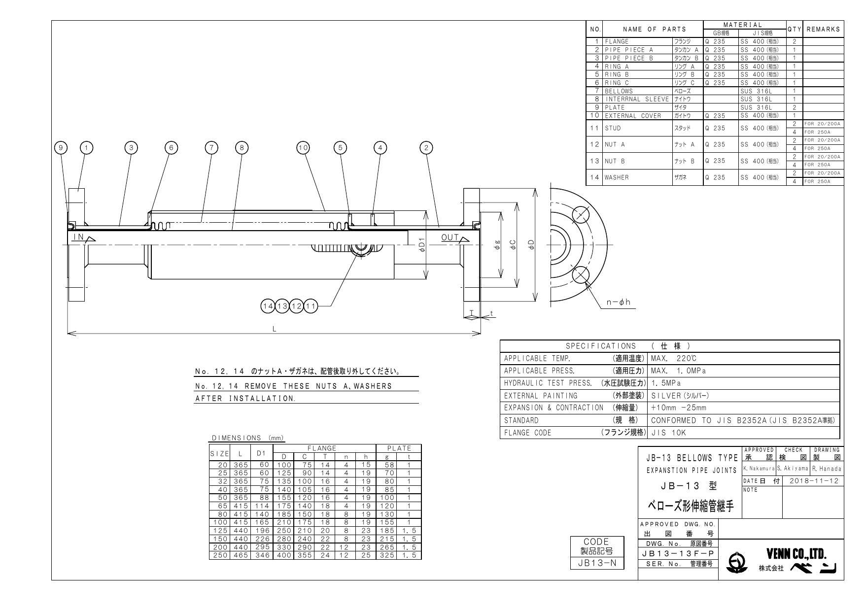 ベン JB13-N 50A JB13-N 単式ベローズ形伸縮継手 50A 配管部材 伸縮継手(標準) 00000173628(CDC)【別送品】 |  建築資材 | ホームセンター通販【カインズ】