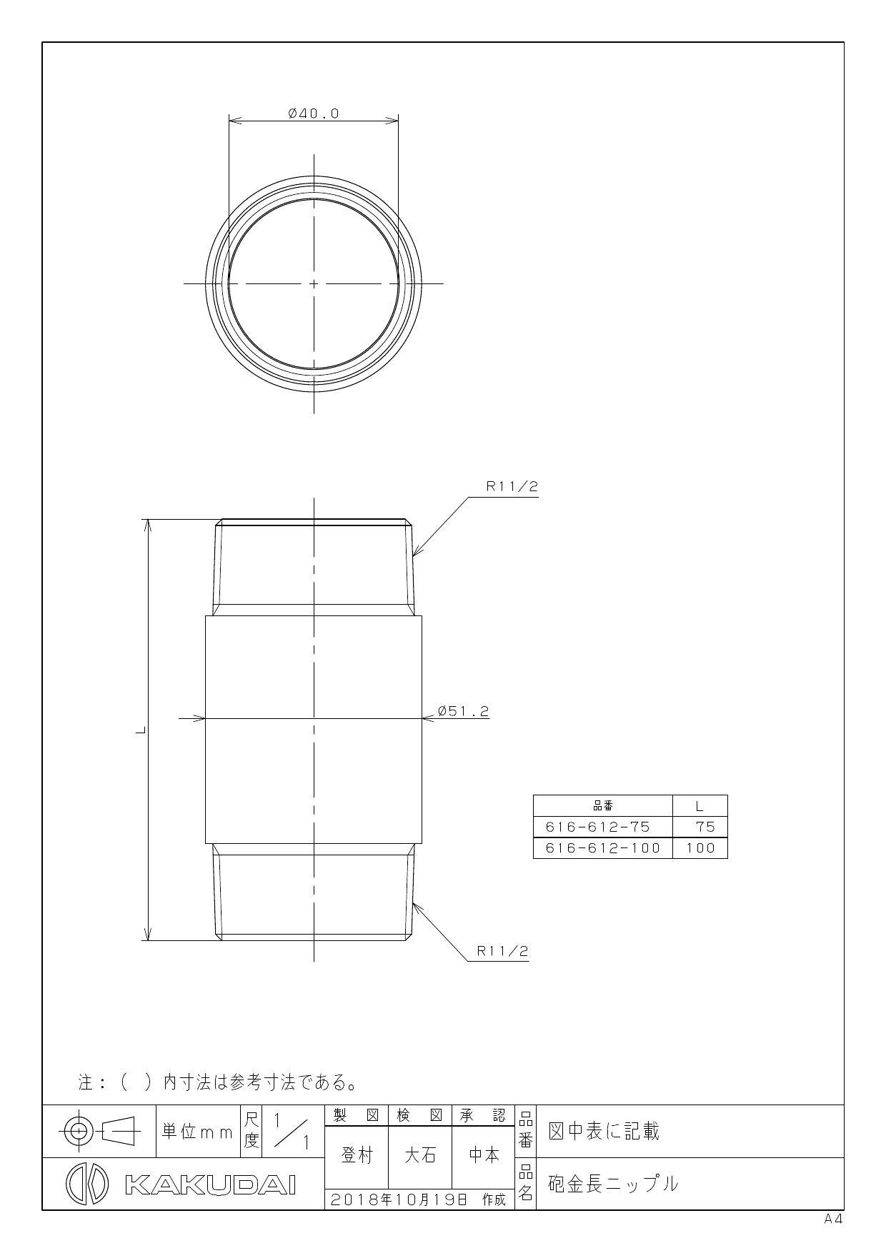 イシグロ カクダイ 616-612 砲金長ニップル//40 75 衛生部材 配管資材