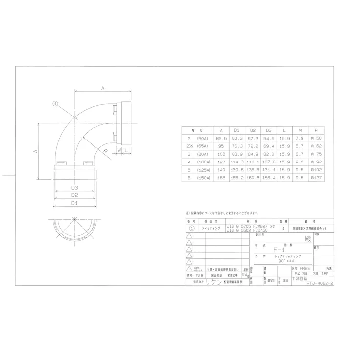 リケン L(F-1) トップフィッティング エルボ 一次防錆塗装品 150A 配管部材 トップフィツティング【一次防錆塗装品】 00000191333【別送品】