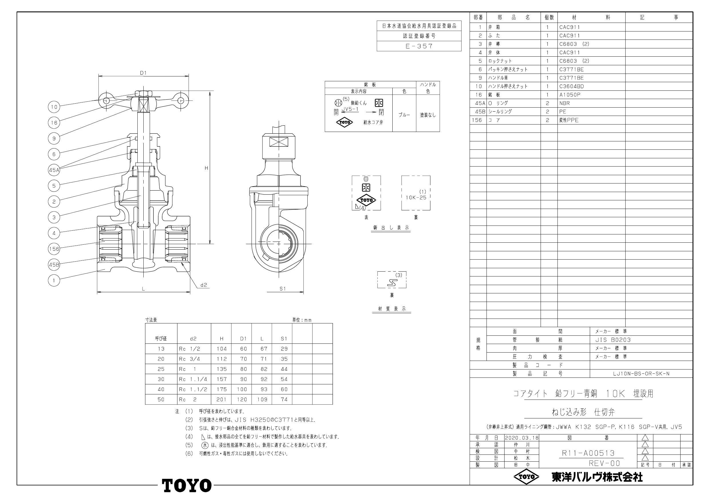 東洋バルヴ 鉛レス 埋設コアゲート(LJ10N-BS-OR-SK-N) LJ10N-BS-OR-SK