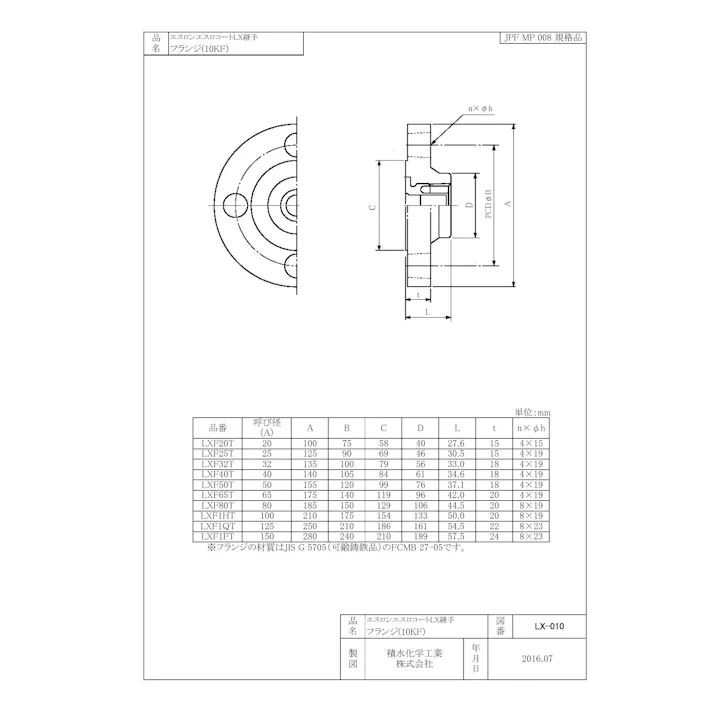 積水化学工業 セキスイ エスロコート LX-10Kフランジ 125A 配管部材 LX継手 00000197302【別送品】