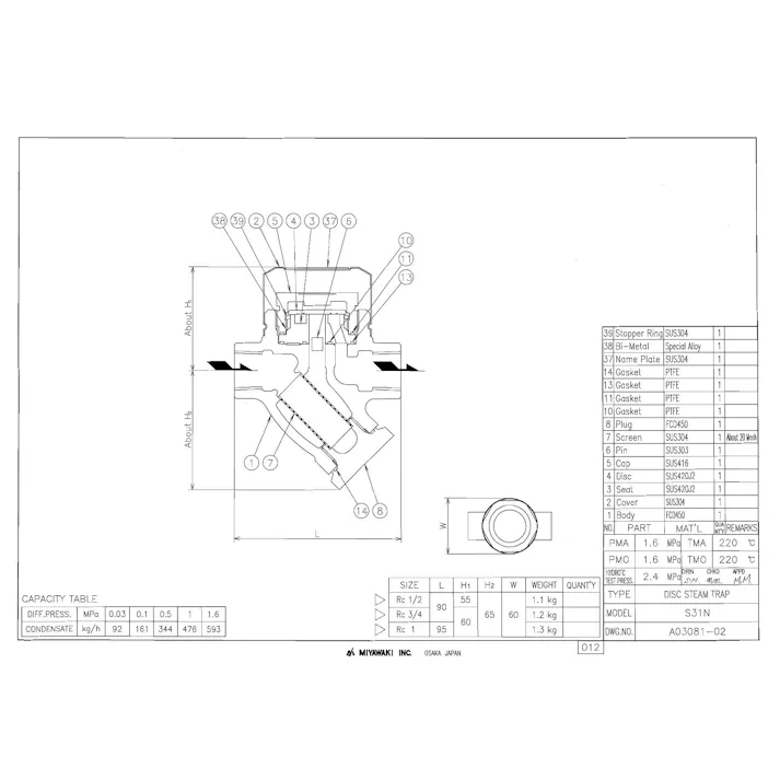 ミヤワキ S31N 25A S31N ディスク式スチームトラップ【ネジ込・ダクタイル鋳鉄・1.6MPa】 25A 配管部材 ディスク式スチームトラップ 00000205681【別送品】