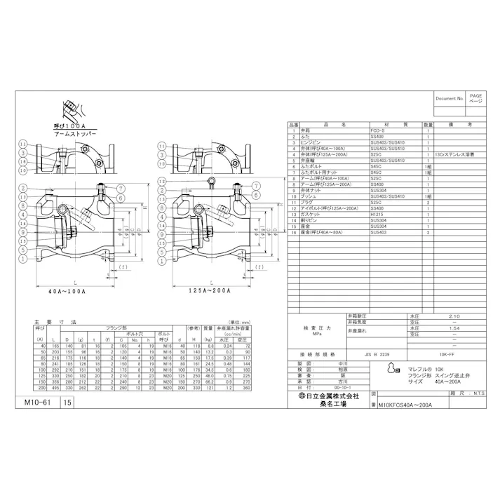 日立金属 プロテリアル M10KFCS 80A M10K FCS マレブルスイング逆止弁【フランジ】 80A 配管部材 プロテリアル FCMB 一般弁 00000207426【別送品】