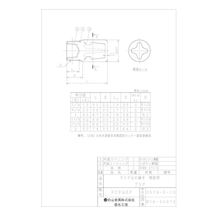 桑名金属工業 PCPQK-P 埋設配管用プラグ 40A 配管部材 PCPQK継手 00000238361【別送品】
