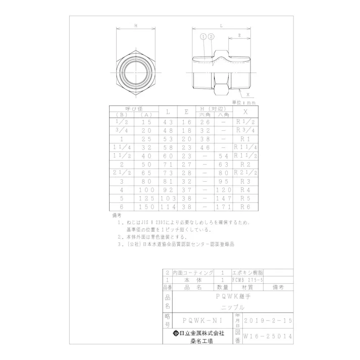 桑名金属工業 PQWK ニップル 65A 配管部材 PQWK継手 00000241916【別送品】