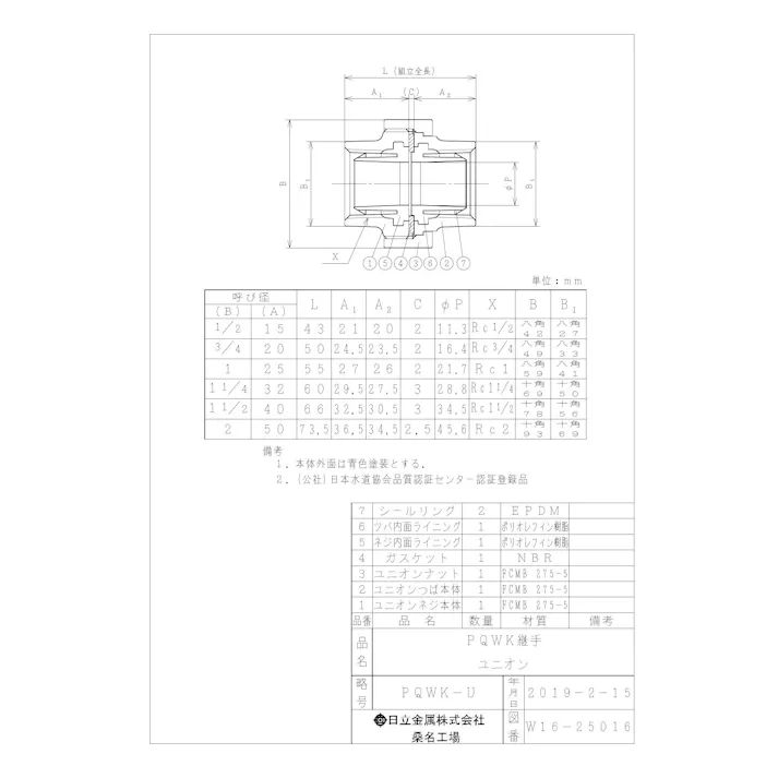 桑名金属工業 PQWK ユニオン 20A 配管部材 PQWK継手 00000242044【別送品】