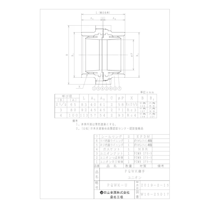 桑名金属工業 PQWK ユニオン 65A 配管部材 PQWK継手 00000242049【別送品】
