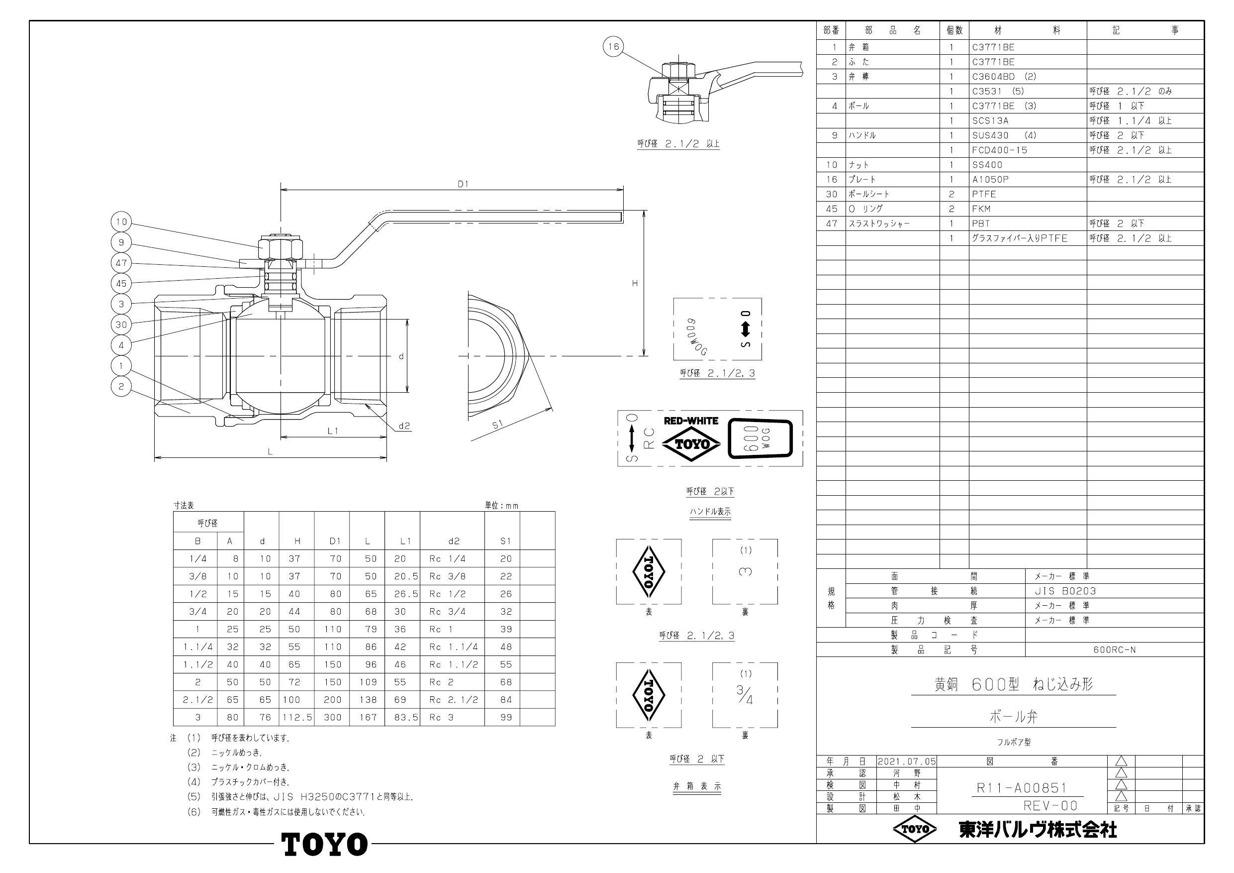 東洋バルヴ RC-N 15A 600RC-N 黄銅フルボアボール弁 15A 配管部材 黄銅 