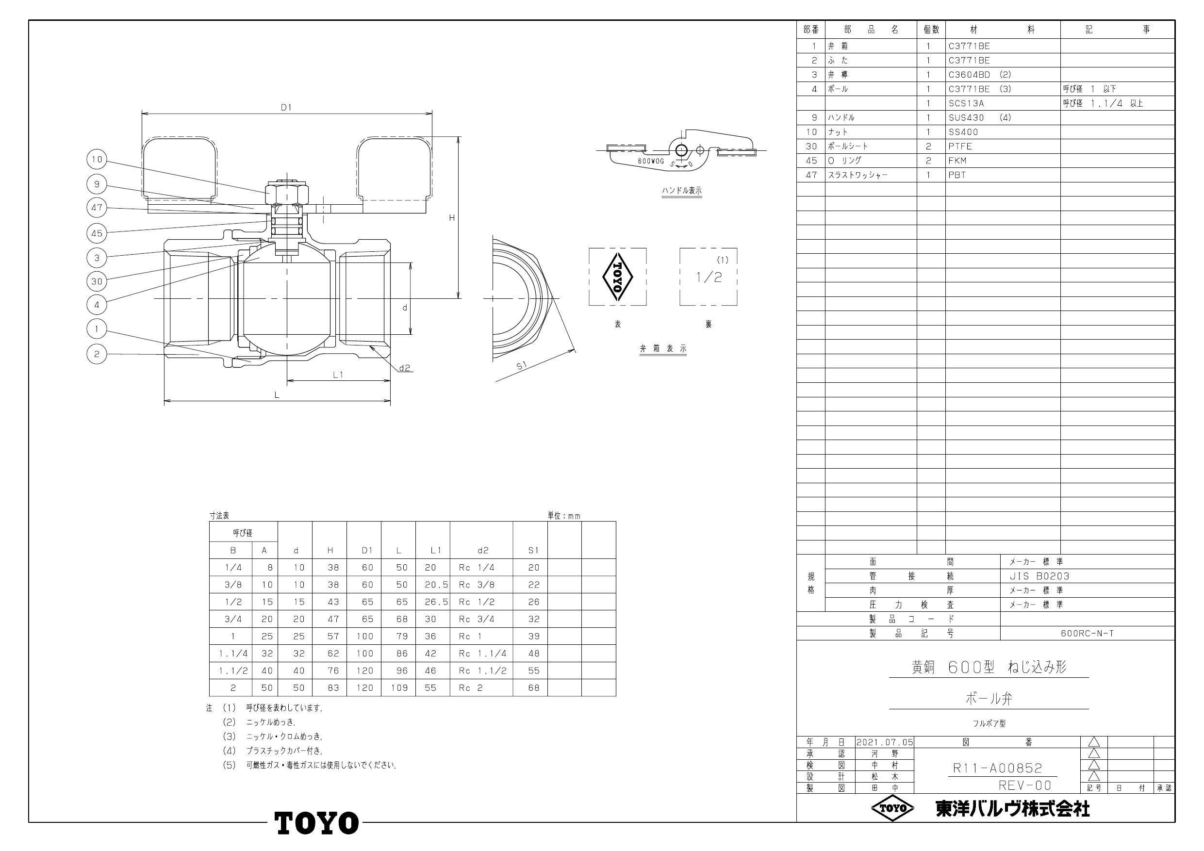 東洋バルヴ RC-N-T 15A 600RC-N-T 黄銅フルボアボール弁 (蝶型ハンドル 