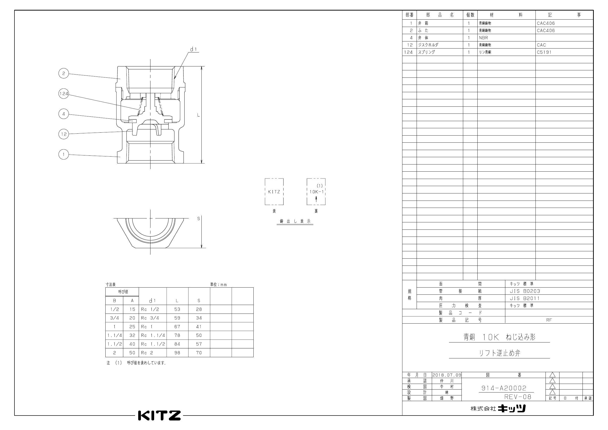 キッツ RF 25A RF 青銅スプリング付リフトチャッキ弁【10K・NBR