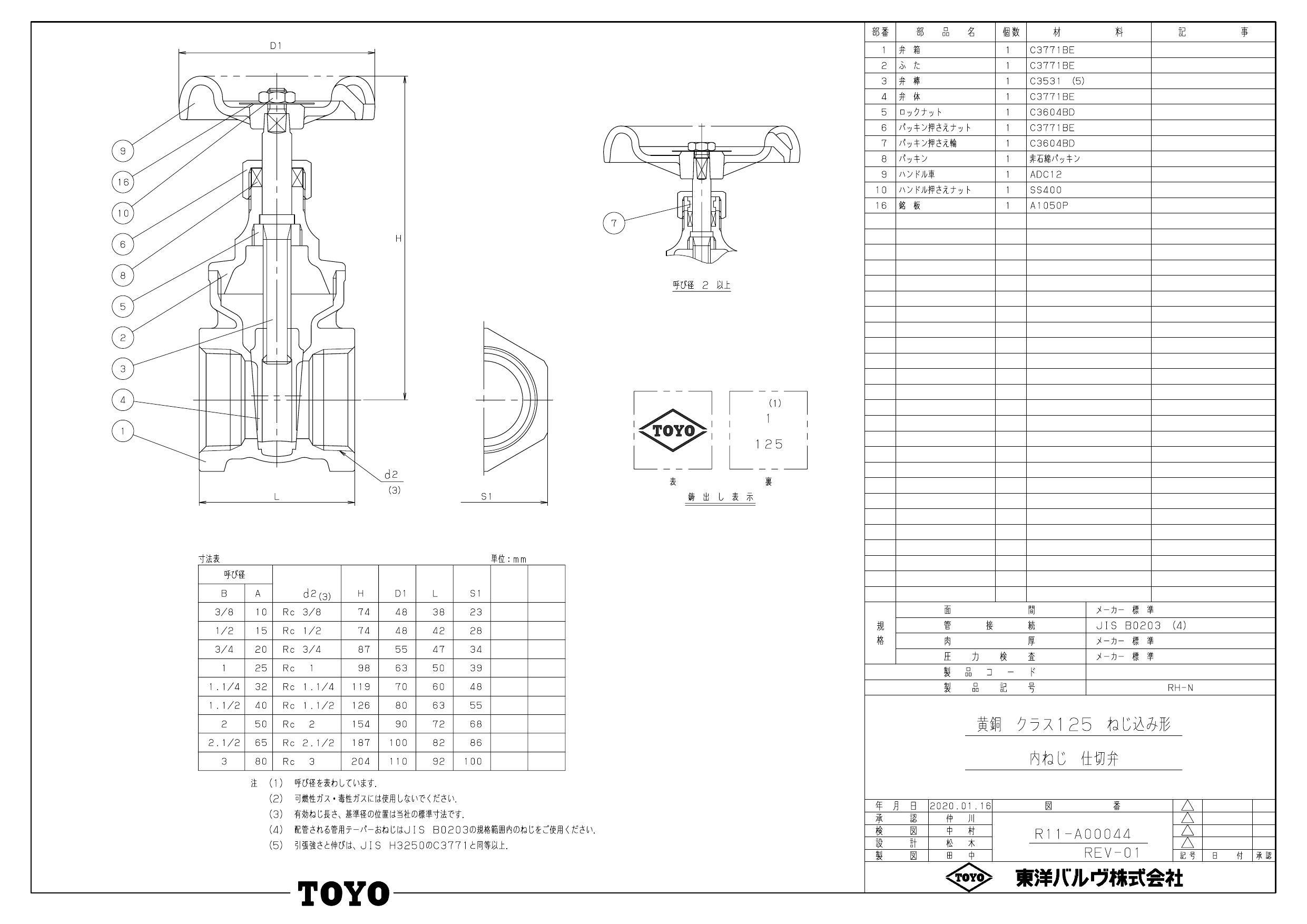 東洋バルヴ RH-N 15A RH-N 黄銅125ゲート弁 15A 配管部材 黄銅