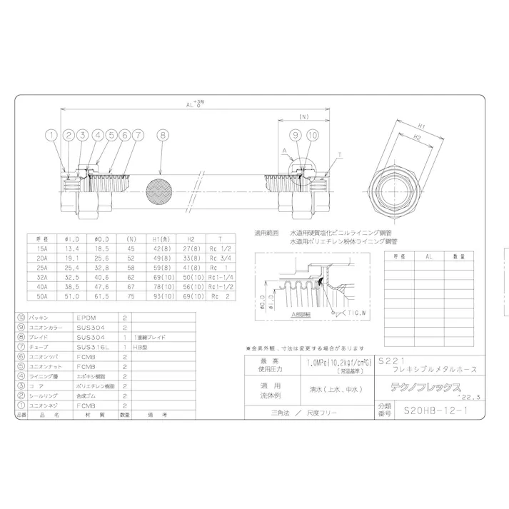 テクノフレックス S221 コア内蔵ユニオン型 フレキシブルメタルホース 20AX300 配管部材 コア内蔵ユニオン型フレキ 00000261843【別送品】