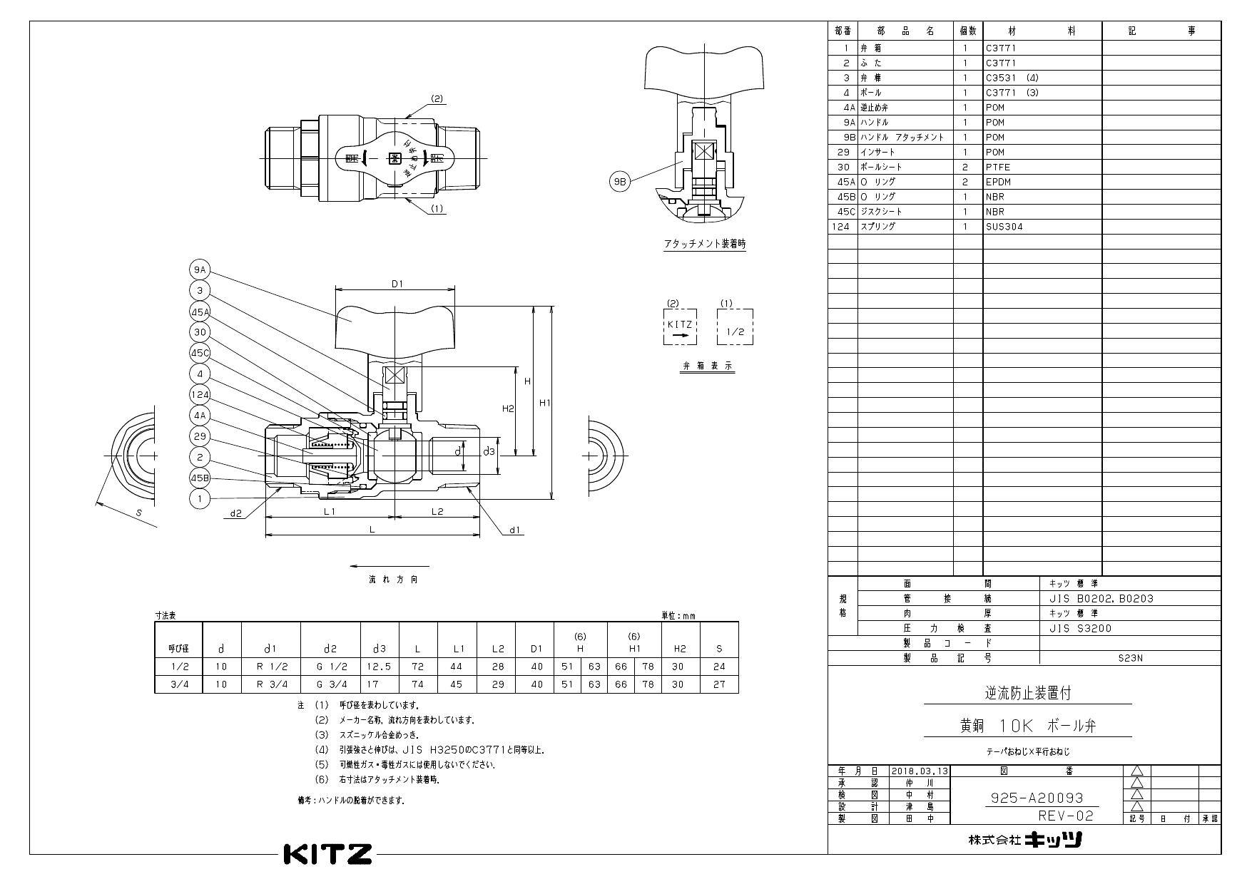 キッツ S23N 20A S23N 【チャッキ弁内蔵・平行おねじXテーパおねじ