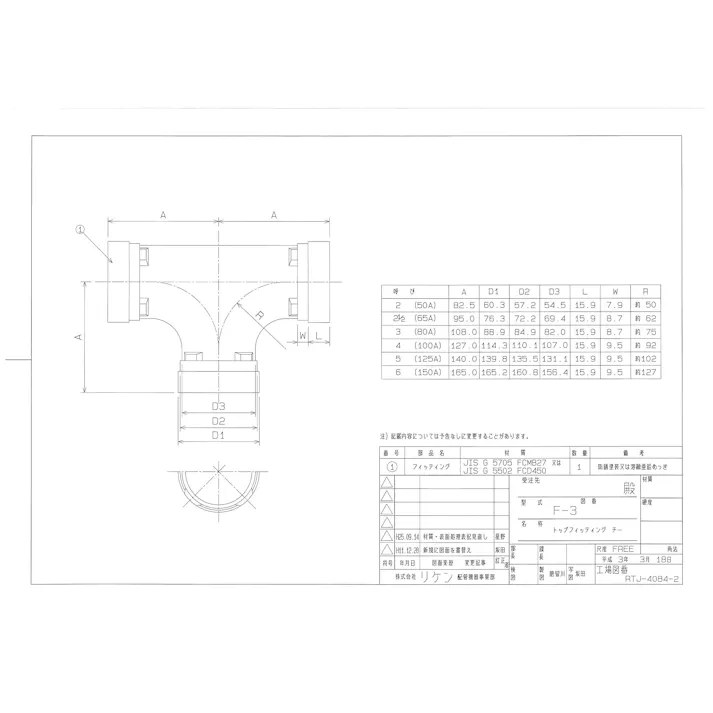 リケン T(F-3) トップフィッティング チーズ 一次防錆塗装品 100A 配管部材 トップフィツティング【一次防錆塗装品】 00000290990【別送品】