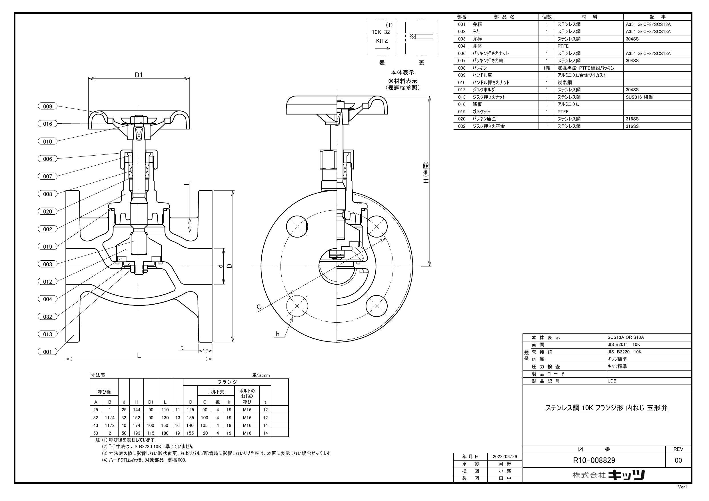 イシグロ キッツ UDB SCS13A グローブ弁【フランジ・10K・テフロン