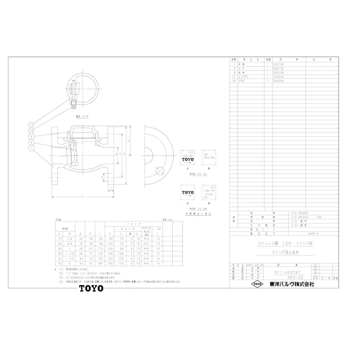 東洋バルヴ UNSF-N 20A UNSF-N SCS13スイングチェッキ弁【フランジ・JV8-1適合品】 20A 配管部材 ステンレス Uシリーズ(Bシリーズ) 00000320088【別送品】