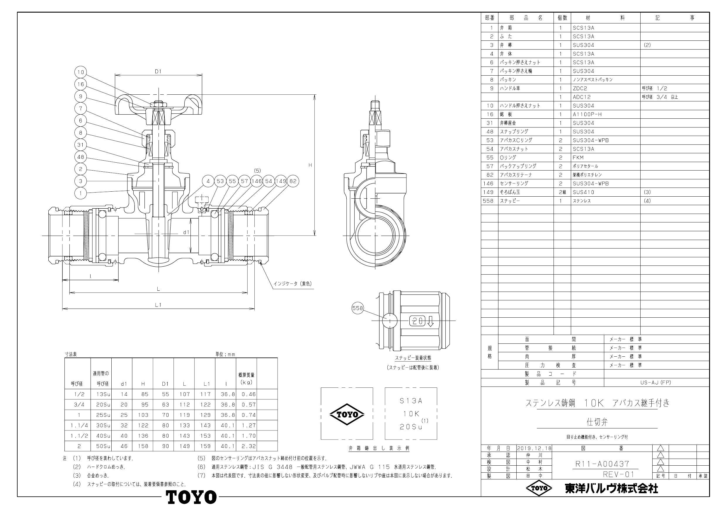 イシグロ 東洋バルヴ US-AJ(FP) SUSゲート弁【アバカス継手付】 20A 配管部材 ステンレス そろばん継手付バルブ(Bシリーズ)  00000320283【別送品】