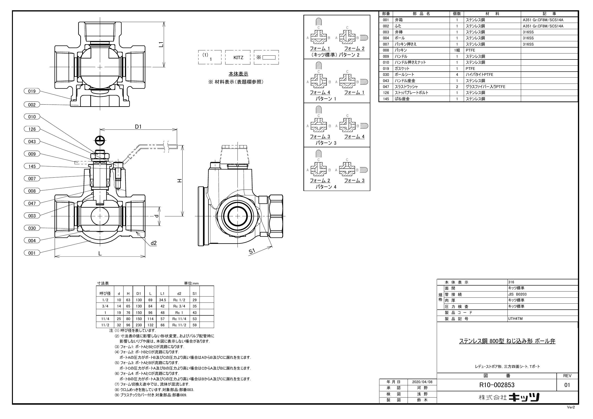 キッツ UTH4TM 15A UTH4TM SCS14A 三方ボール弁【ネジ込・3方4面シート