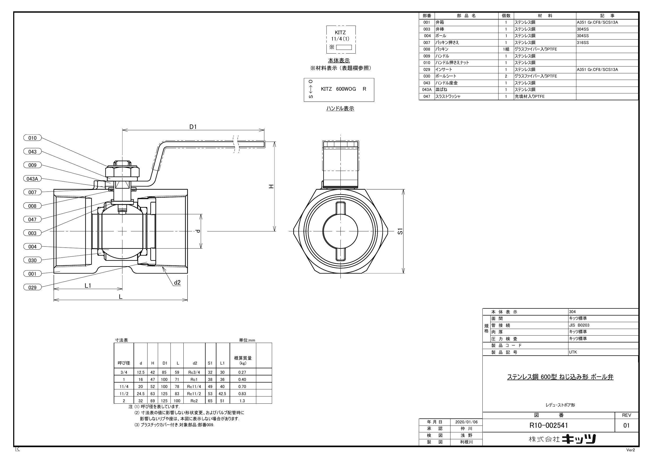 イシグロ キッツ UTK SCS13A ネジ込ボール弁 40A 配管部材 SUS ねじ込