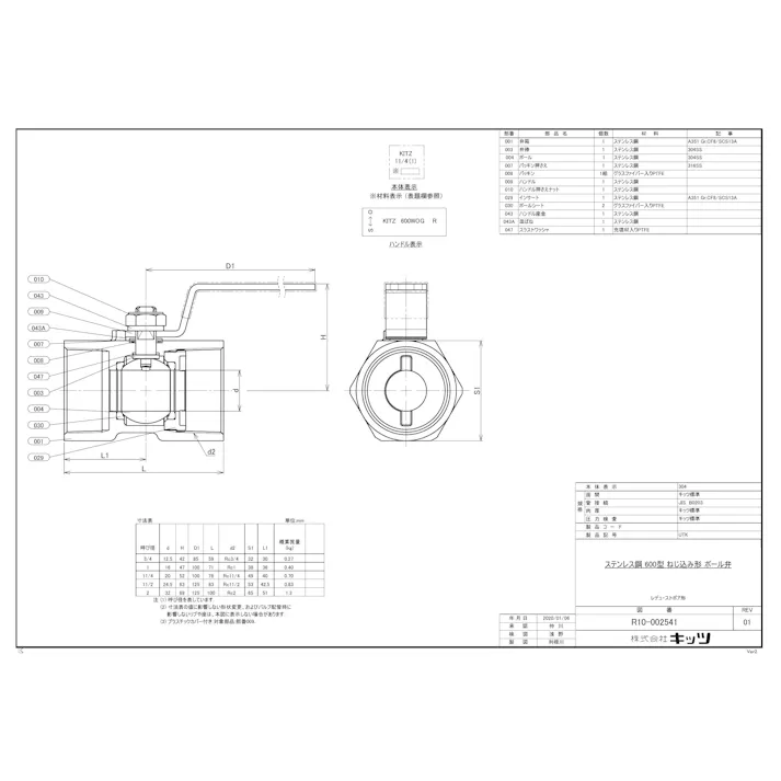 キッツ UTK 40A UTK SCS13A ネジ込ボール弁 40A 配管部材 SUS ねじ込ボール弁 UTK型 00000320564【別送品】