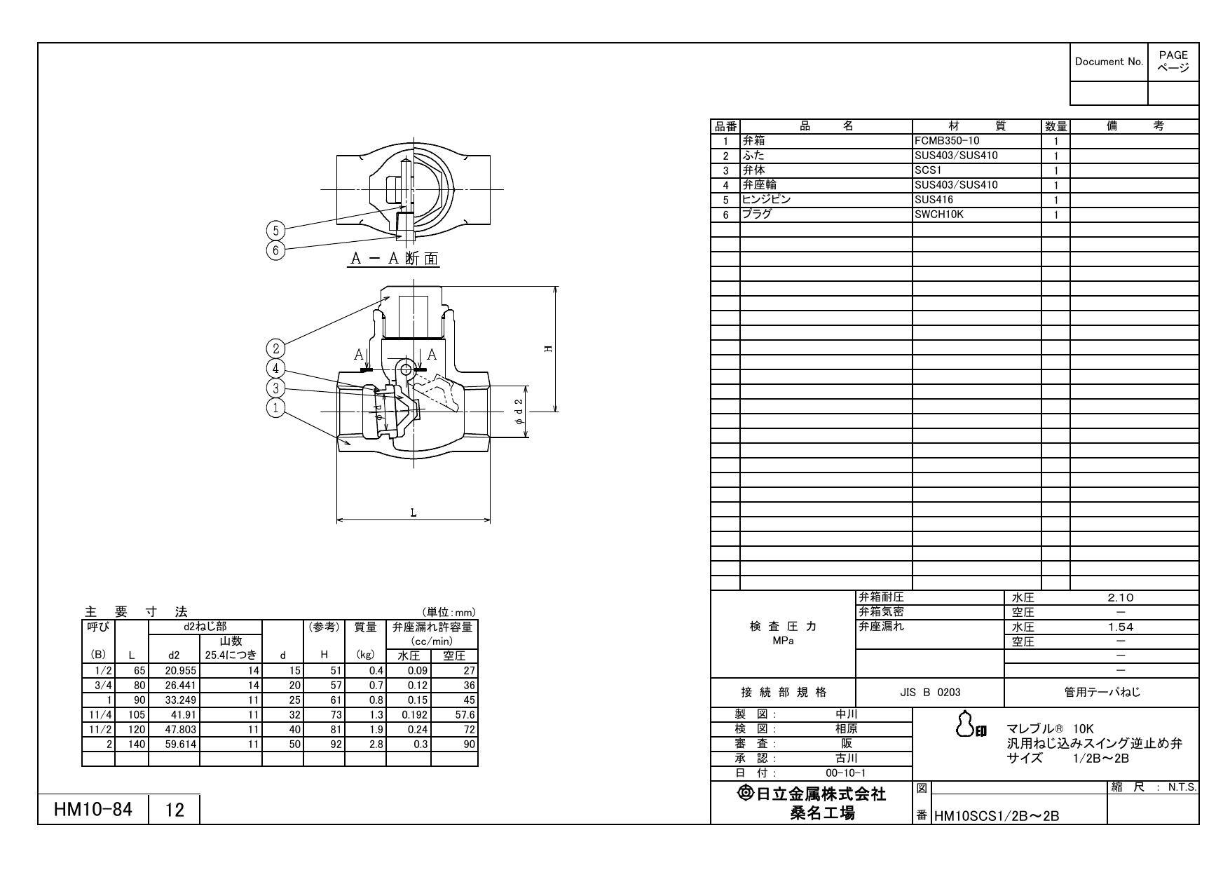 プロテリアル スイング逆止弁 10K 40A M10KFCS 日立金属 - 工具