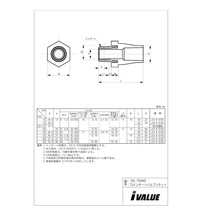 IVALUE IVL-TS*VS TSインサート バルブソケット 20X13 配管部材 PVC-TS樹脂インサート継手 00000382632【別送品】