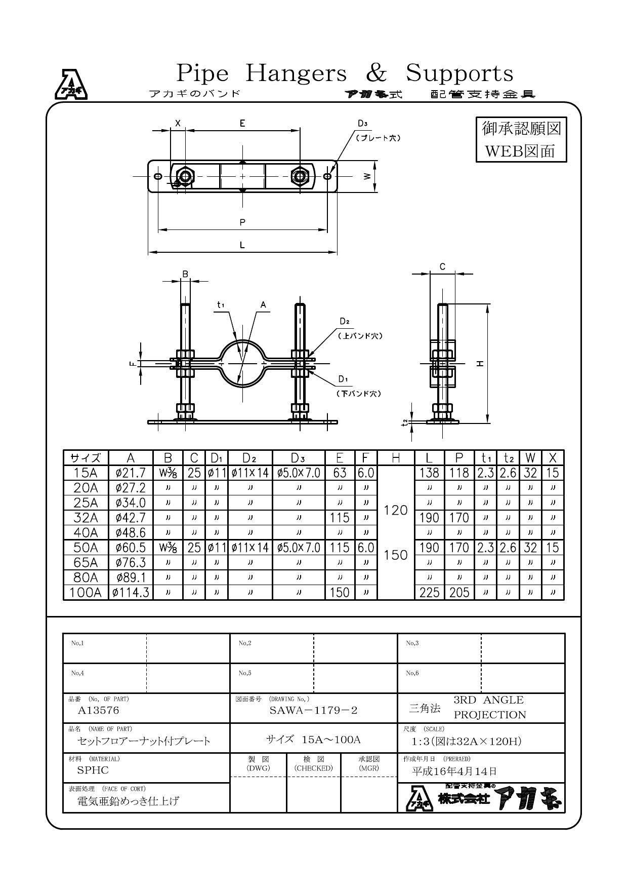 アカギ A13576 セットフロアーナット付プレート(SGP・VP) 100AX200H