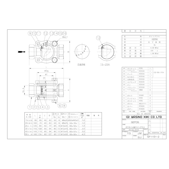 ワシノ機器 GEFDS 25A UW-GEFDS ネジ込 サイトグラス【ダクタイル・青色・フラッパー式】 25A 配管部材 サイトグラス 00000439520【別送品】