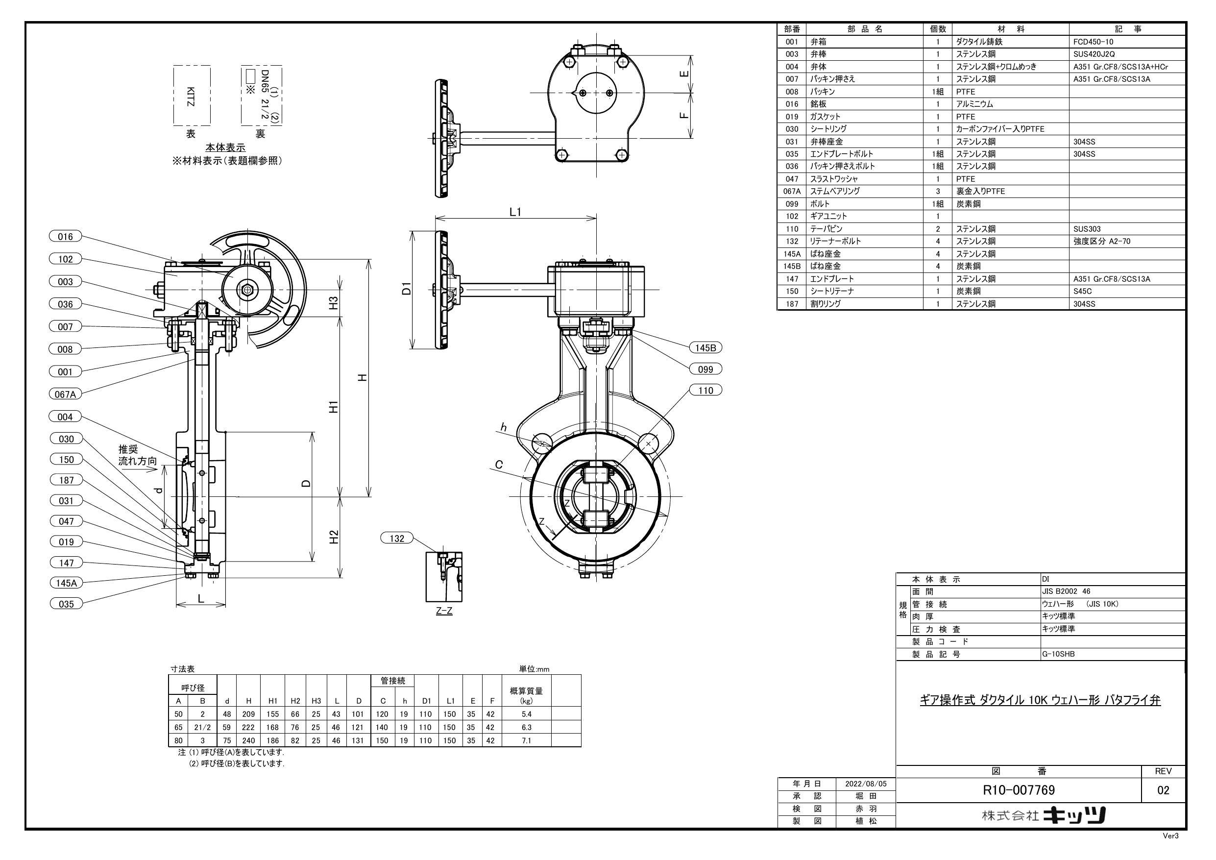 イシグロ キッツ G-10SHB 10K ダクタイル鉄製 バタフライ弁 65A 配管部材 FCD バタフライバルブ(SHB)  00000507048【別送品】