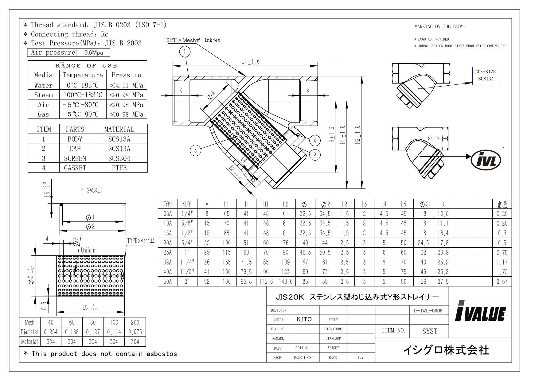 IVALUE SYST ステンレス製 ねじ込み式 Y形ストレイナー用エレメント IVALUE SYST ステンレス製 ねじ込み式 Y形ストレイナー用エレメント