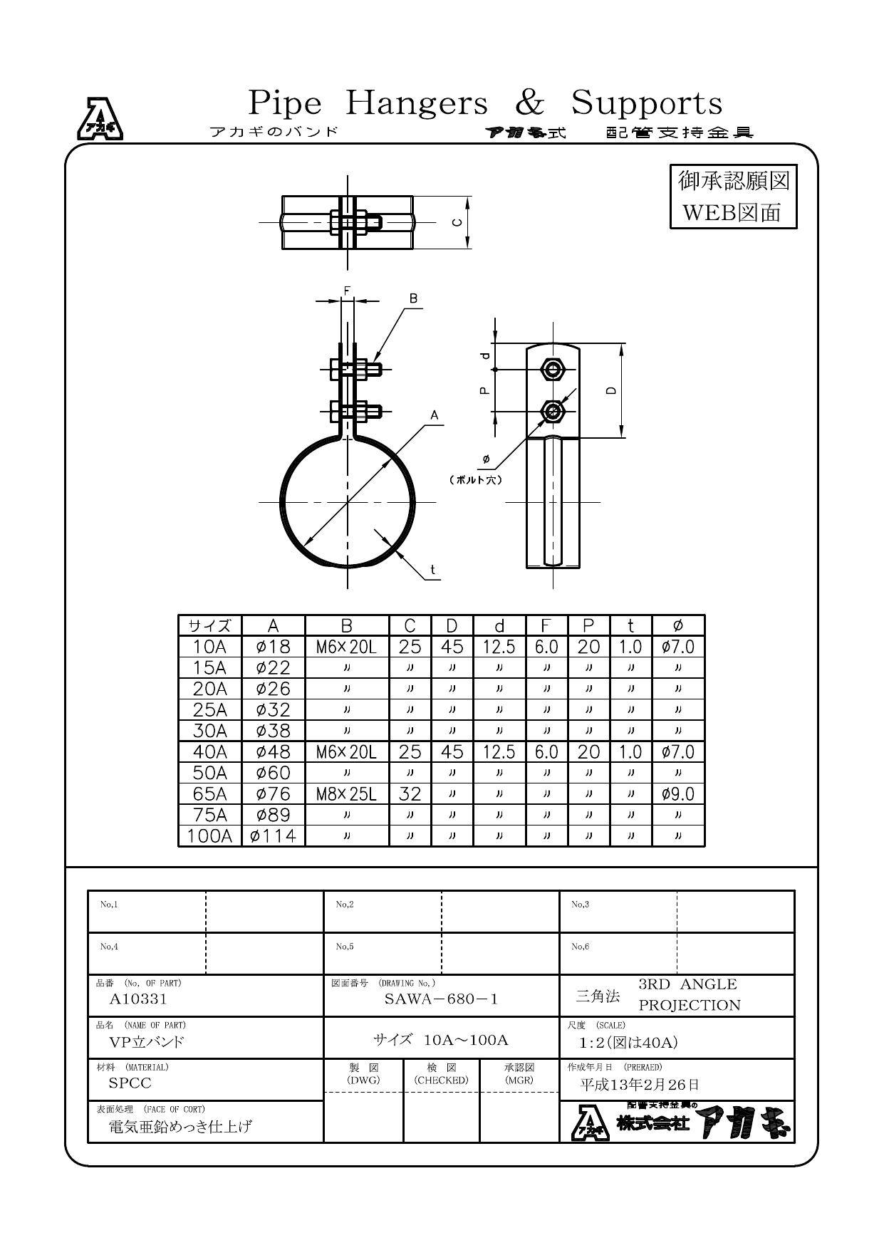 配管実務ハンドブック アカギ A10331 VP管用 立バンド 13A 配管支持金具類 立配管金具