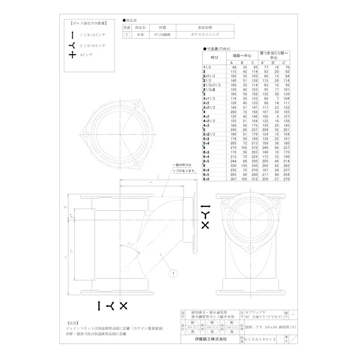 伊藤鉄工 I-KBV-TY-H 100 TY KブラックV 90°大曲Y (本体) 100 配管部材 高耐久継手 厨房排水管・排水通気管用 KブラックV (本体) 00000891082【別送品】