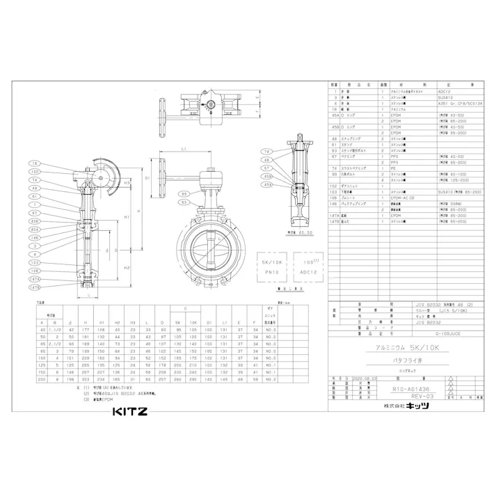 キッツ G-10BJUCE 150A G-10BJUCE 耐塩素EPDMシート アルミ製バタフライ弁【ギア式】 150A 配管部材 EPDMシートバタフライ弁 00000895388【別送品】