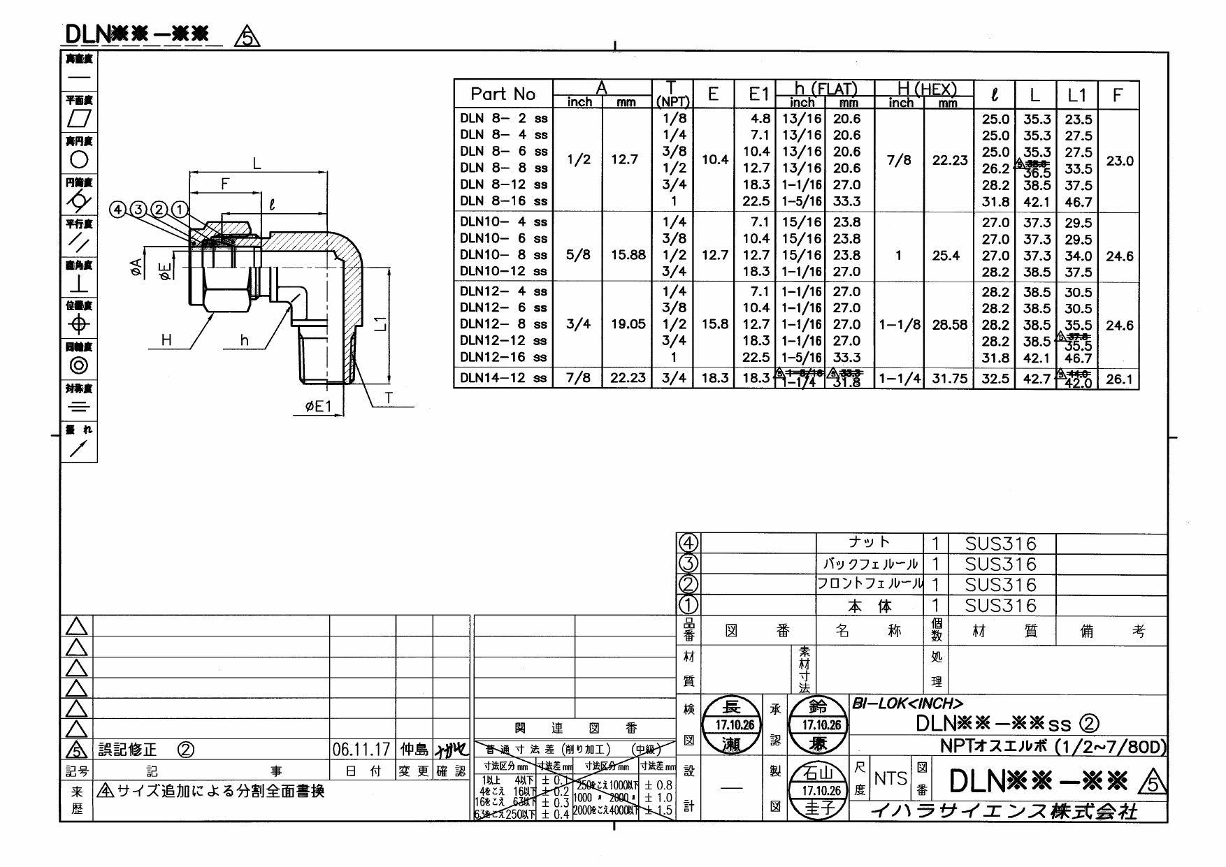 イシグロ イハラ DLN8-8SS オスエルボ 1/2ODxNPT1/2 (206172) 配管部材 ダブルフェルールタイプ チューブ継手