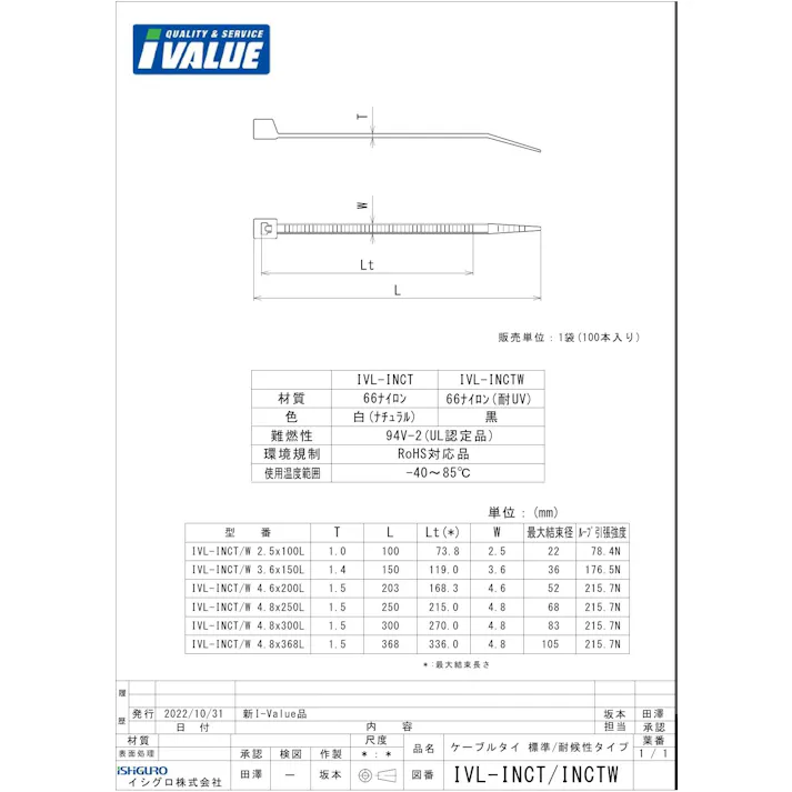 IVALUE INCT ケーブルタイ 耐候性タイプ【黒】 100本入り 4.8X250L 副資材 ケーブルタイ 00001238958【別送品】