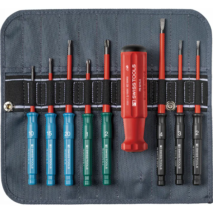 ピービースイスツールズ 9点組 5215絶縁ドライバーブレードシリーズ 絶縁ドライバーブレードセット(マイナス・ポジマイナス・ヘクスローブ) ロールケース付 5219.SU 完全絶縁 絶縁ドライバー 高電圧作業 501850082【別送品】