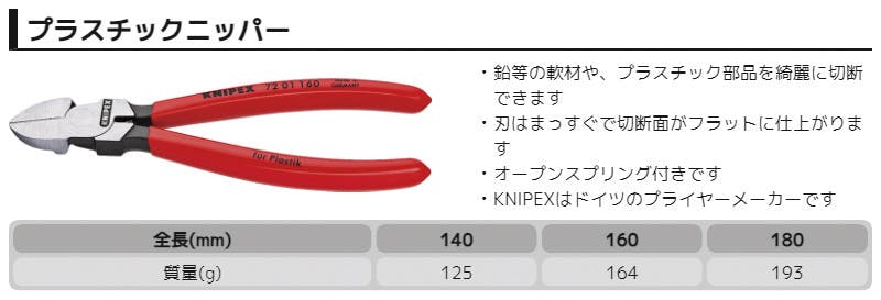 KNIPEX クニペックス プラスチック用ニッパー SB 7201-160