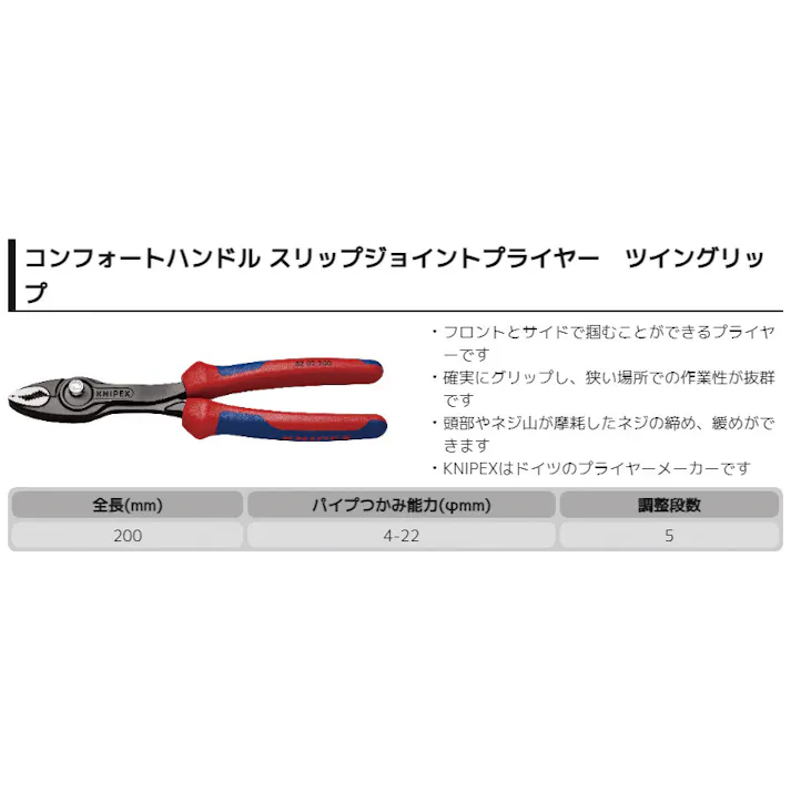 クニペックス スリップジョイントプライヤーツイングリップ 8202-200SB 接続ネジ プラスチックパイプ継手 丸ナット 506205932【別送品】