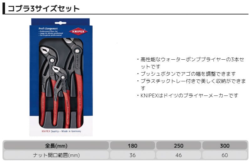 KNIPEX クニペックス コブラ3本セット180/250/300 002009V02