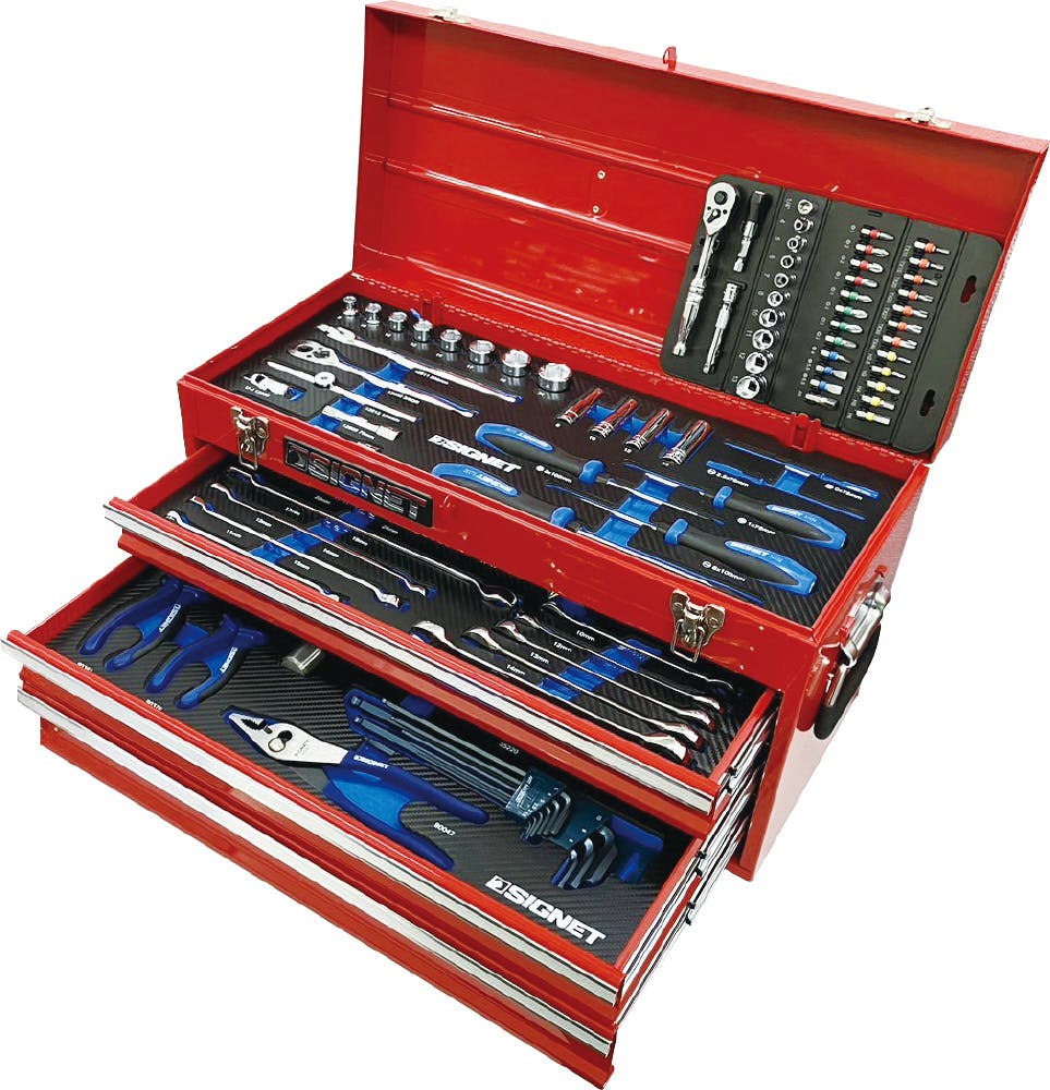 専用JG139鑑付★セット割、在庫整理特価 SIGNET 85点組 3/8DR・1/4DR 3段 ツールボックス 工具セット レッド