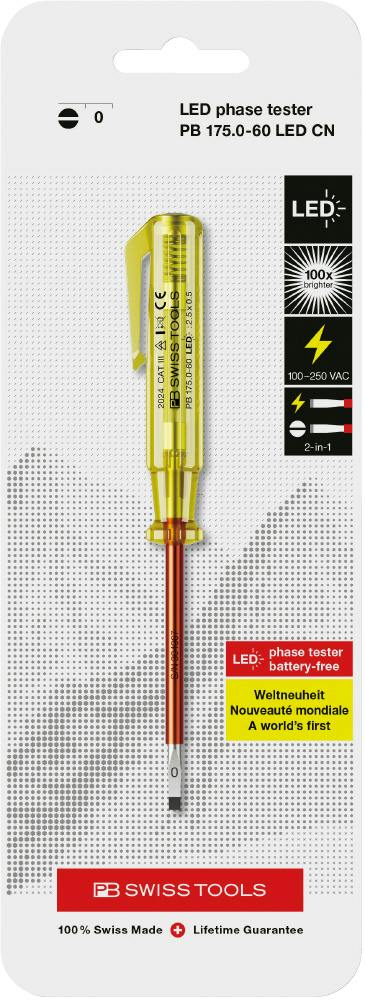 ピービースイスツールズ AC100V-250V用 LED検電ドライバー 刃先0.5×2.5 