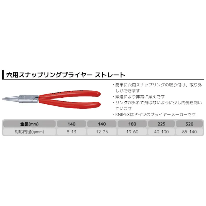 クニペックス 穴用 スナップリングプライヤー 直 プラスチックコーティング 対応内径19-60φmm 全長180mm 止め輪取付 内部リング 軸穴固定 精密作業 メンテナンス DIY 4413-J2 000506143002【別送品】