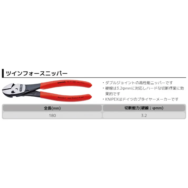クニペックス ツインフォースニッパー プラスチックコーティング 全長180mm 電線切断 配線作業 細線カット 電工工具 DIY 7371-180 000506182018【別送品】