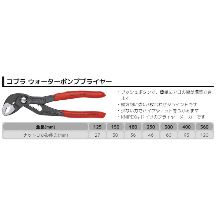 クニペックス ウォーターポンププライヤー コブラ XXL プラスチックコーティング 全長560mm 配管作業 ナット締め 水回り 修理工具 DIY 8701-560 000506213560【別送品】
