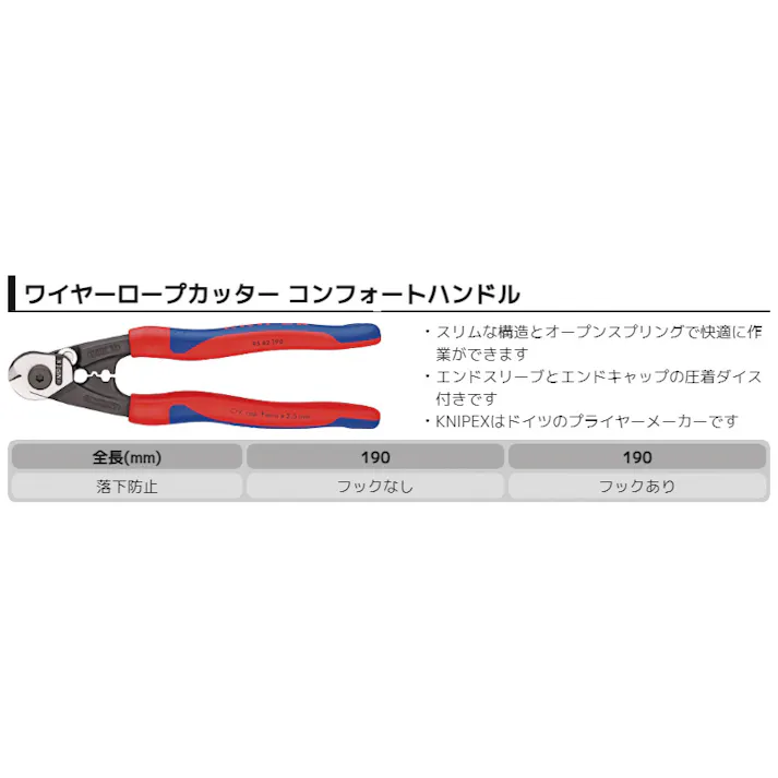 クニペックス ワイヤーロープカッター コンフォートハンドル 全長190mm 切断作業 紙加工 工作 事務作業 DIY 9562-190 000506257131【別送品】