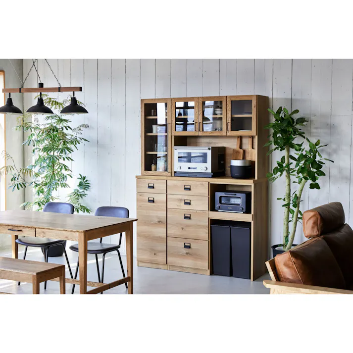 COMFORM 食器棚 ダストン ナチュラル キッチンボード ダイニングボード キッチン収納 オーク材 木目調 ガラス戸 幅60cm ナチュラル ブラウン ダストン 346866 カスタマイズ自由 耐震 ダストボックス【別送品】