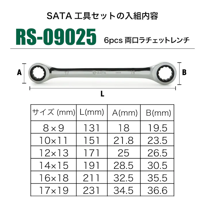 SATA 6pcs両口ラチェットレンチ RS-09025 レンチセット めがねレンチ 工具セット 整備 CZ00296【別送品】